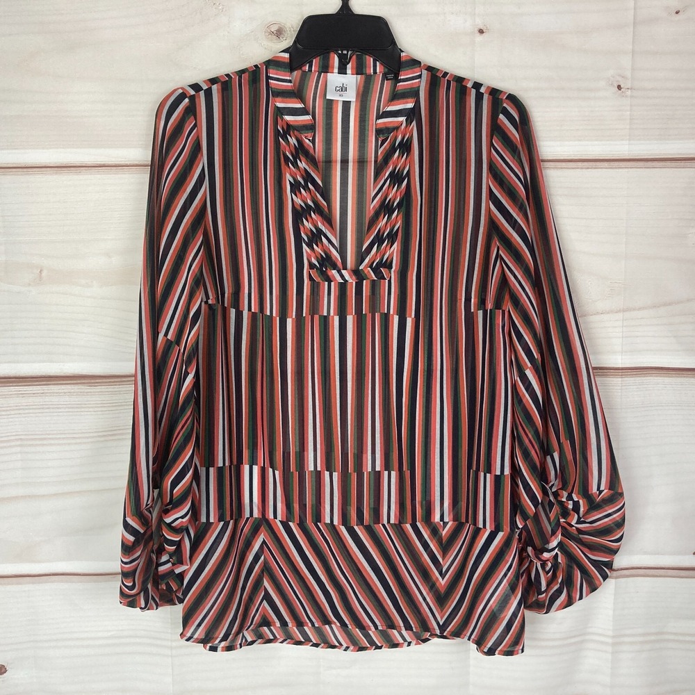 Cabi Top Womens XS‎ Striped Blouse Semi Sheer Balloon Sleeve V-Neck Pullover